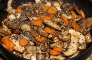 The cooked components waiting to be added back to the stew after the stock vegetables are removed.