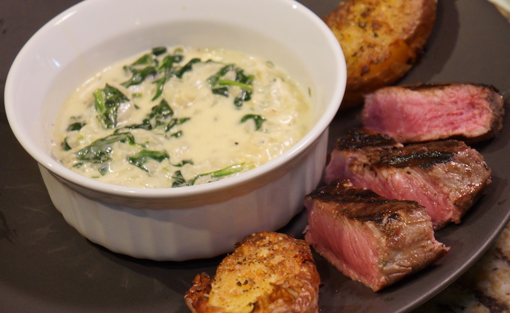 Jan 29: New York Strip, crash hot potatoes and creamed spinach