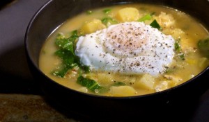 The soft poached egg melts into the soup in a way that hard boiled eggs would not.
