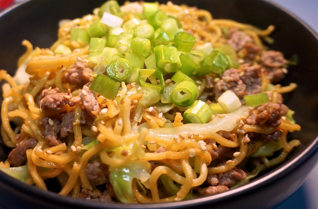 Mar 22: Pan Asian Lunch; Stir fry Noodles with Ground Pork and Napa Cabbage