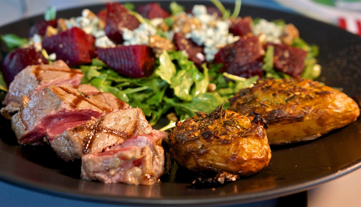 Mar 24: Hot Cross Buns; NY Strip Steak, Crash Hot Potatoes, Arugula, beet and blue cheese salad