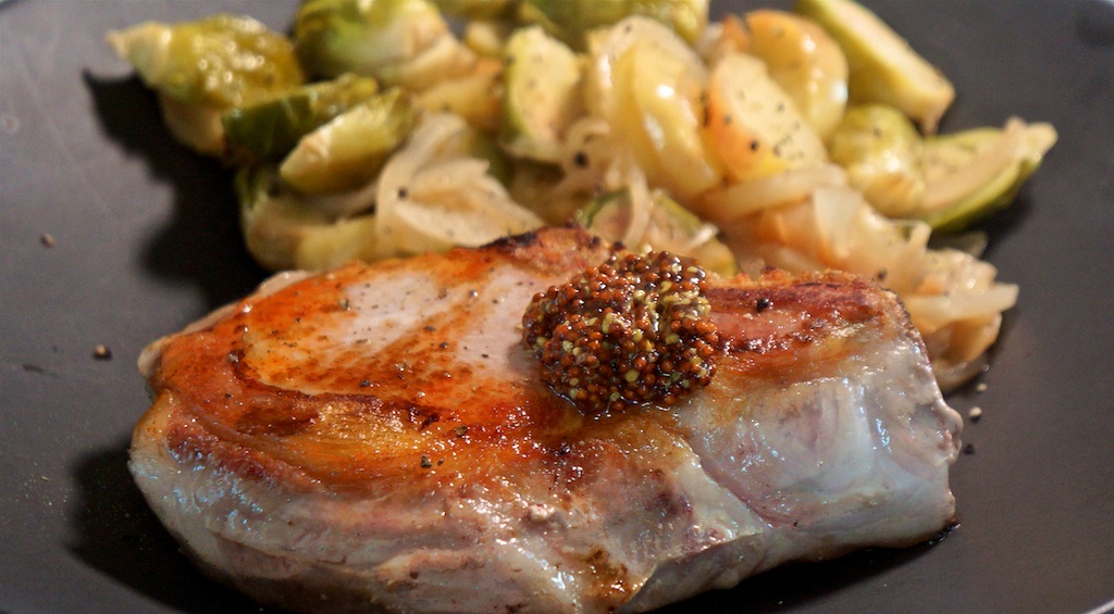May 6: Tarte D’alsance; Double cut Pork Chop with Apple, onion and Brussel Sprouts