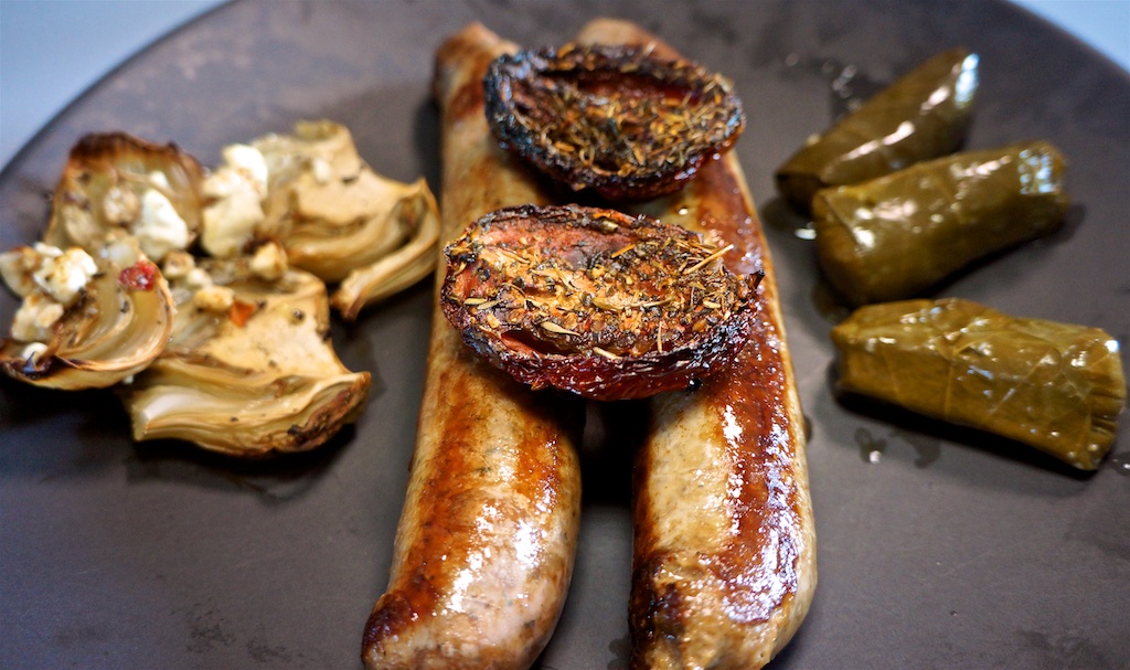 May 17: Chicken wrap; Lamb Sausages, roast fennel, semi-dried tomatoes and dolmas