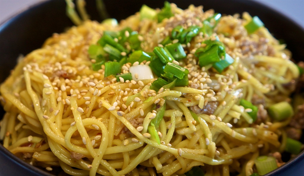 May 29: Smoked Salmon on an Onion Bagel; Stir Fried Shanghai Noodles with Ground Pork and Cabbage