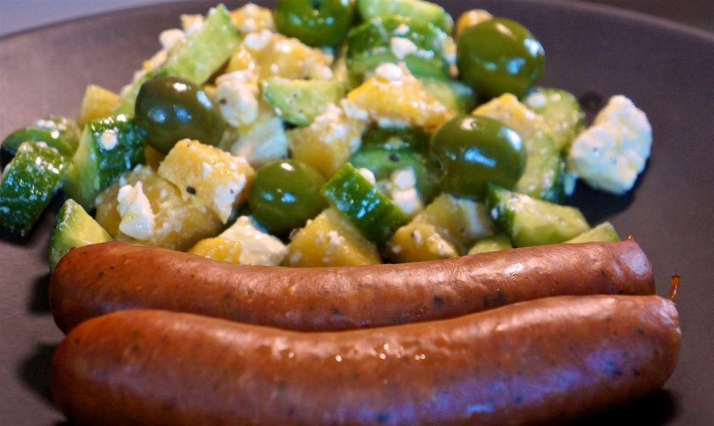 Jun 4: Country Deli; Smoked Pork Sausages with a Mango, Cucumber & Feta salad