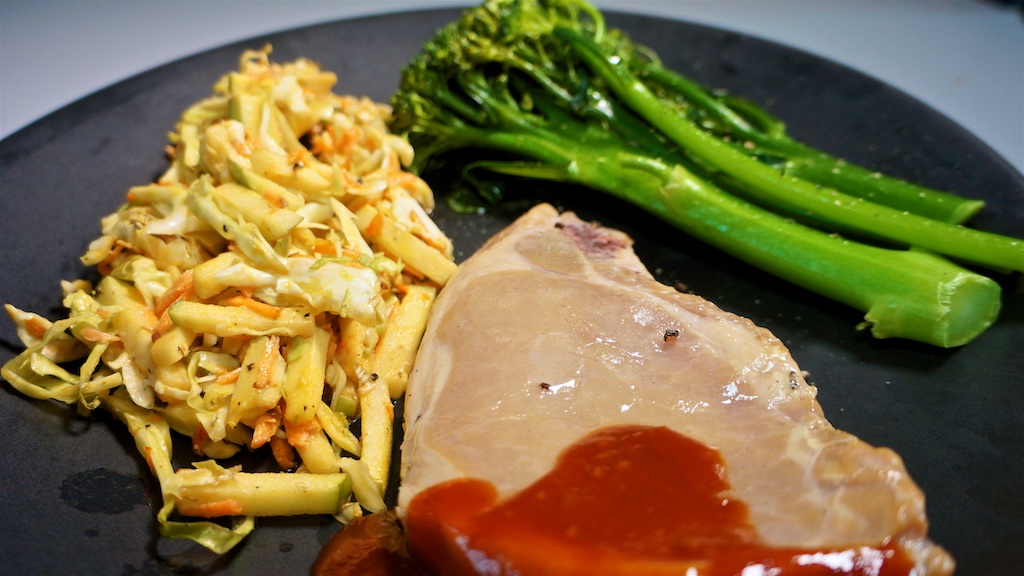 Jun 8: Chicken Wrap; Smoked Pork Chops with Apple Slaw and Broccolini