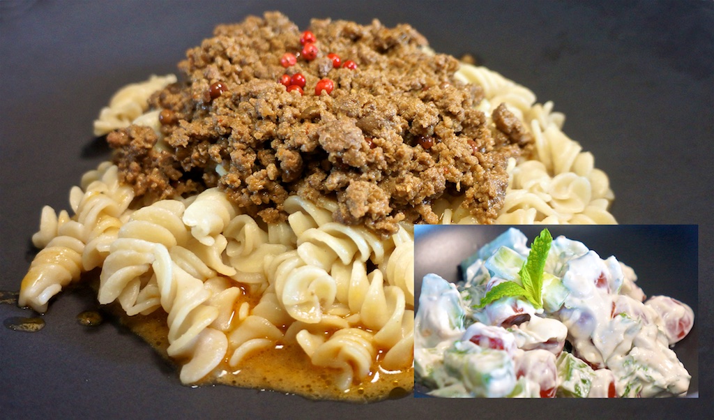 Jul 2: Country Deli; Peruvian Meat Sauce, Rice and Quinoa Noodles with a cucumber, tomato and mint salad