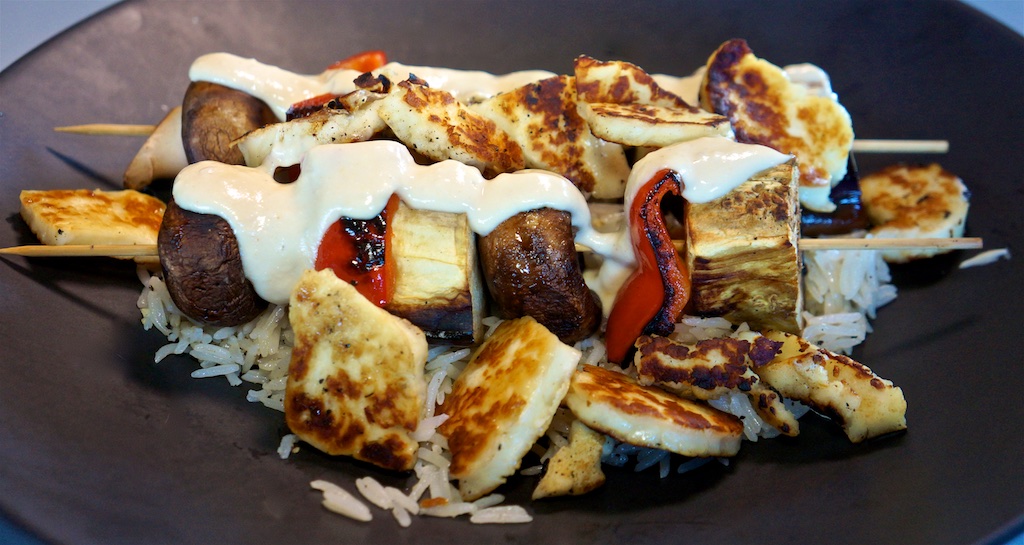 Aug 9: Quesadilla; Grilled Halloumi and Vegetable Kebabs with Lemon Rice