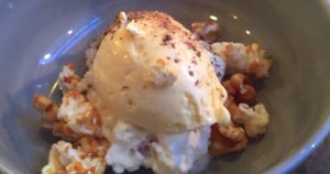 Corn ice cream, fresh raspberries, caramelized popcorn and goat mild yoghurt with chanterelles. 