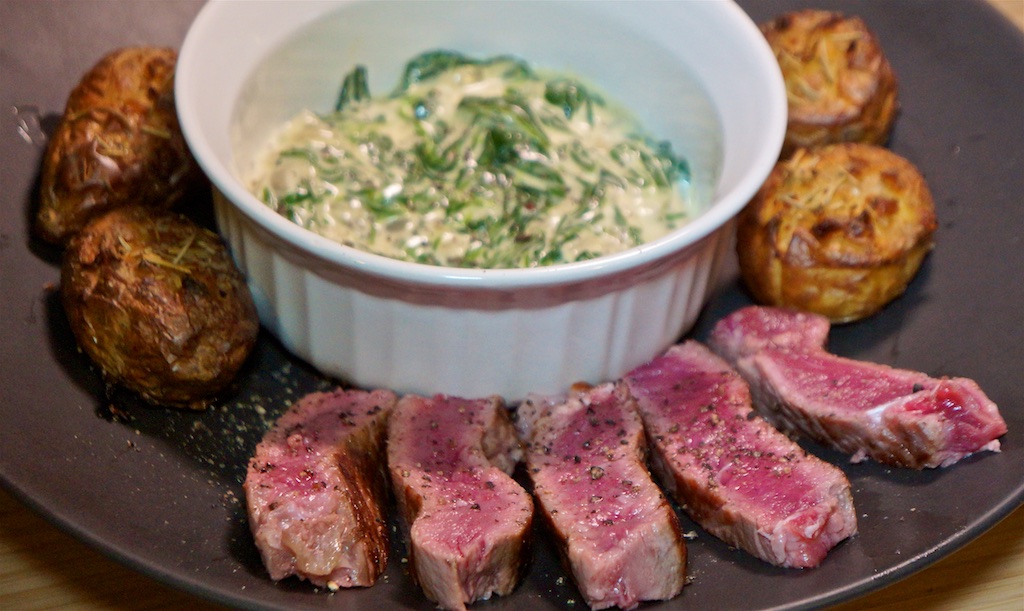 Nov 10: Onion Bagel with Avocado and Sardines; Rib Eye Steak, Crash Hot Potatoes and Creamed Spinach