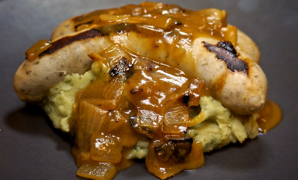Nov 14: Burrito; “Bangers and Mash” (aka Bratwurst with Kale Mashed Potato and Onion Gravy)