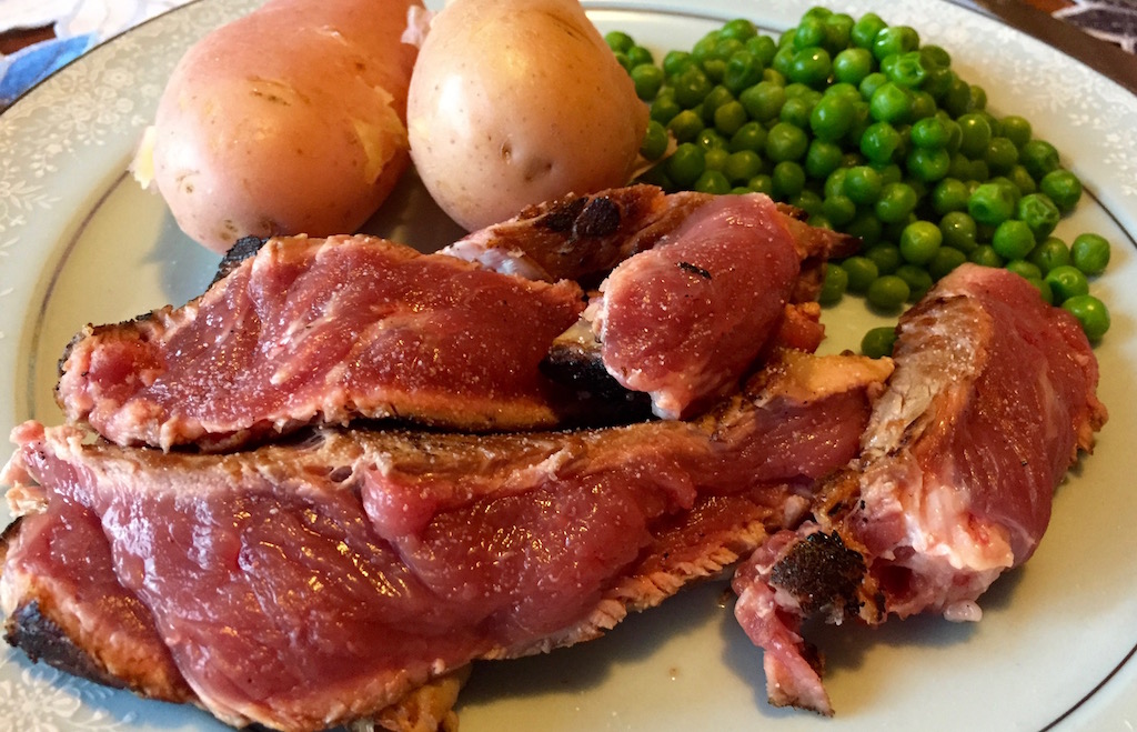 Dec 10: Ham, Cheese and Pickle Roll; Rib Eye with Peas and Boiled Potatoes