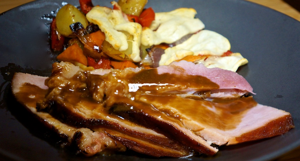 Jan 1: Reinterpreted English Breakfast; Baked Ham and Baked Winter Vegetables with Halloumi