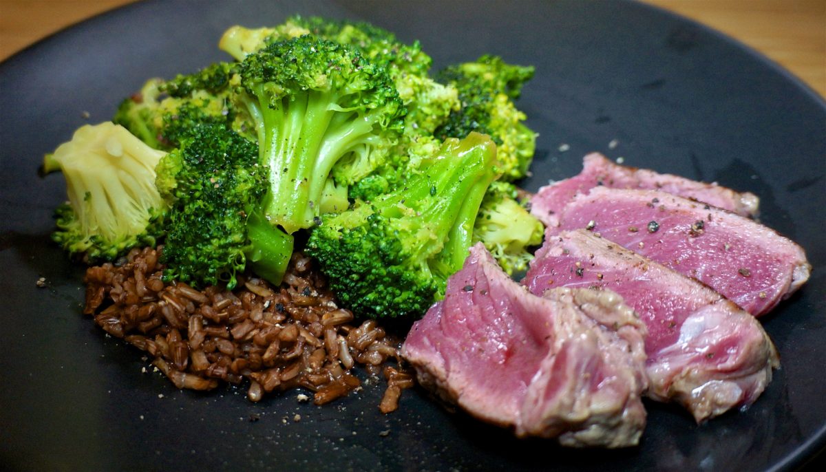 Feb 9: Bacon & Tomato on Sprouted Multigrain; NY Strip Steak with Butter Soy Broccoli and Red Rice