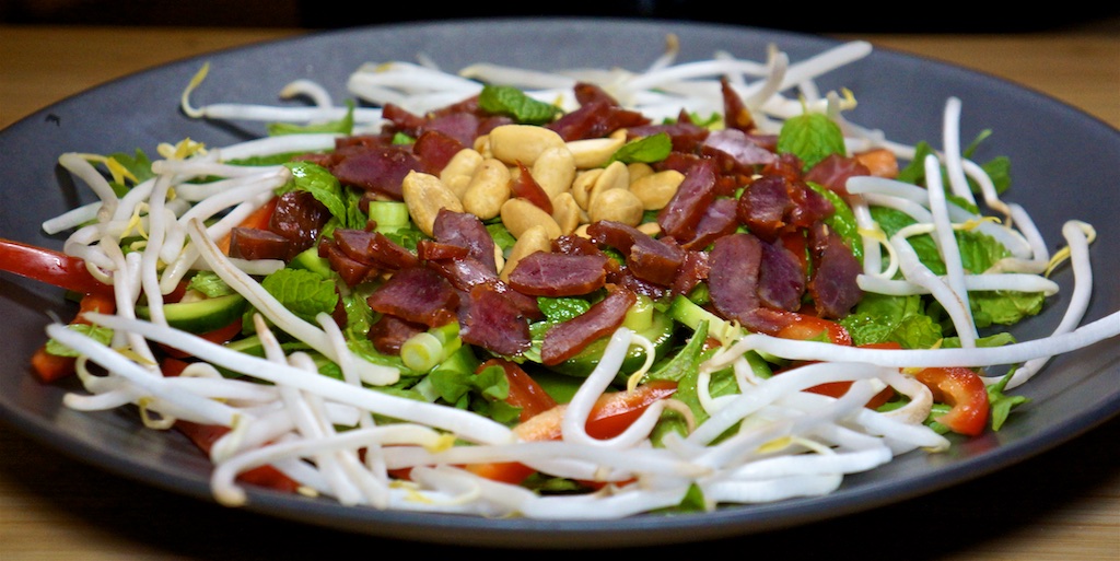 Mar 3: Smoked Salmon on Onion Bagel; Crunchy Thai Salad with Beef Jerky