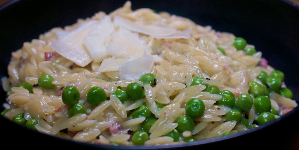 Mar 10: Smoked Salmon on Onion Bagel; Pasta Risotto with Peas and Pancetta