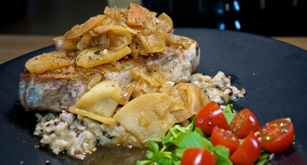 Apr 6: Chicken Wrap; Thick Cut Pork Chop with Apple & Onion Sauce