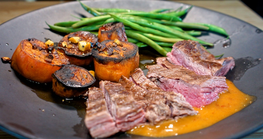 Apr 18: Chicken Wrap; Seared Bavette with Melting Sweet Potatoes and Haricots Verts