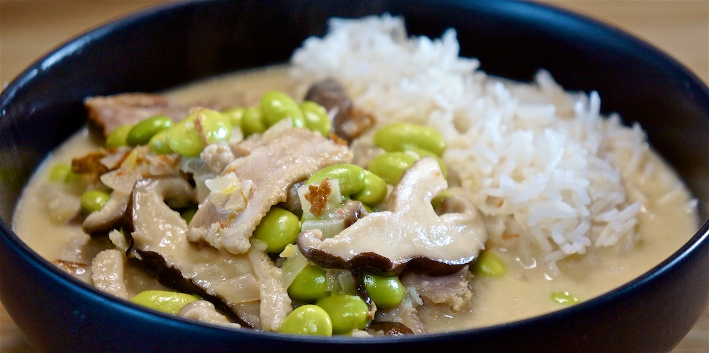 May 14: Smokey Cheese and Pumpkin Slice; Pork, Shiitake and Edamame in Coconut Cream Sauce