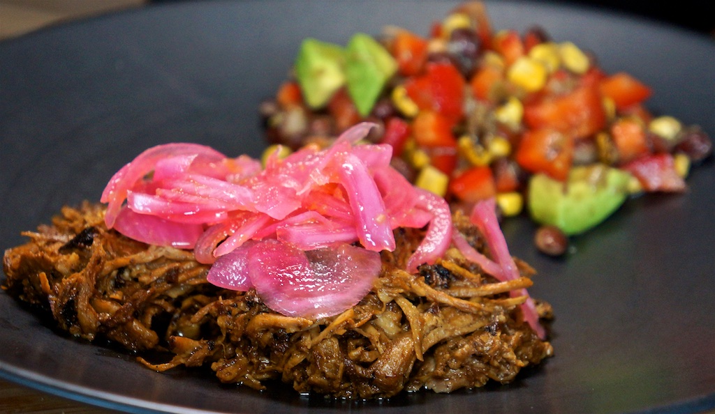 Jul 9: Baguette with various toppings; Pulled Pork with Pickled Red Onions and Corn, Black Bean, Red Pepper and Avocado Salad