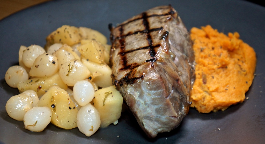 Aug 24: Sardine and Avocado Sandwich; Thick Cut Pork Chop with Apple Cider Braised Pearl Onions and Sweet Potato Mash