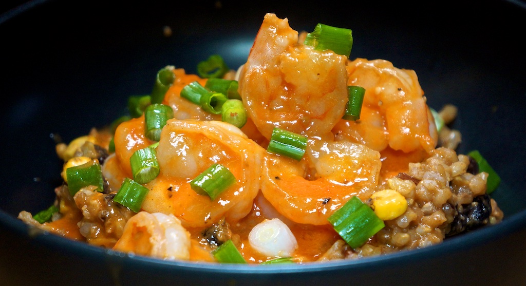 Sep 4: Double Double; Brown Rice, Black Bean and Corn Bowl with Shrimp in Tomato Sauce