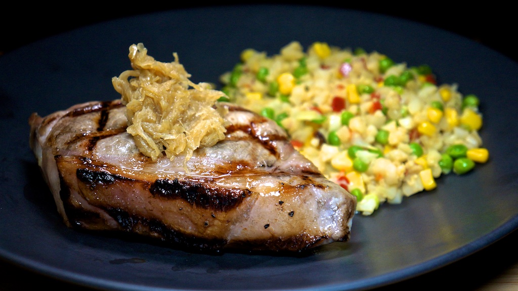 Sep 7: Supermarket Sushi; Bone in Pork Chop with Riced Cauliflower Stir Fry