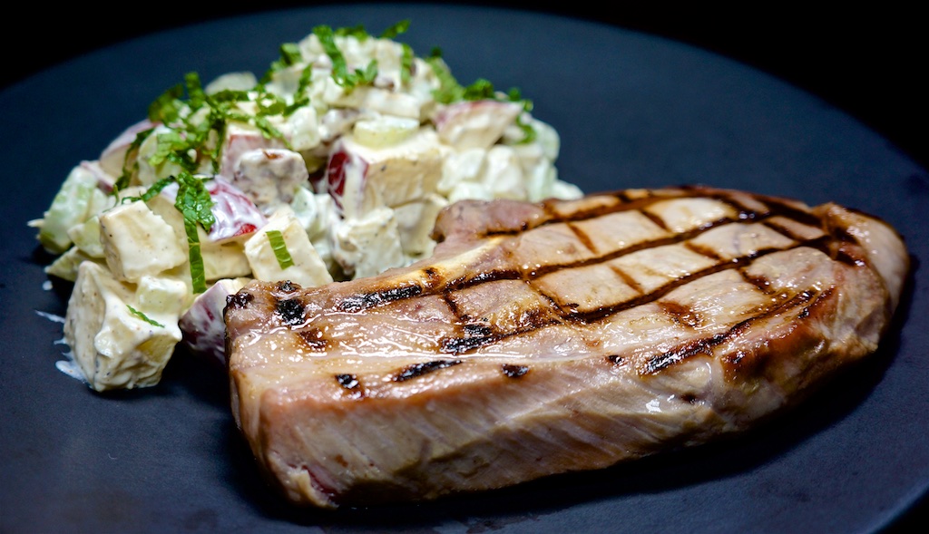 Nov 24: Ham, Brie & Watercress, Hummus, Tabouli & Silverside; Bone in Pork Chop, with Waldorf Salad