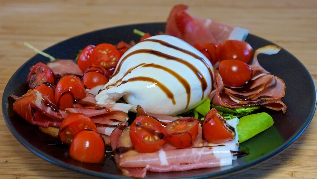 Dec 3: Burrata, Prosciutto & Cherry Tomatoes; Frogmore Stew