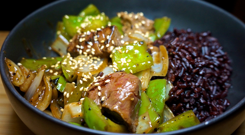 Dec 14: Cauliflower Gruyere Soup with Tomato Toasty; Black Pepper Beef with Black Rice