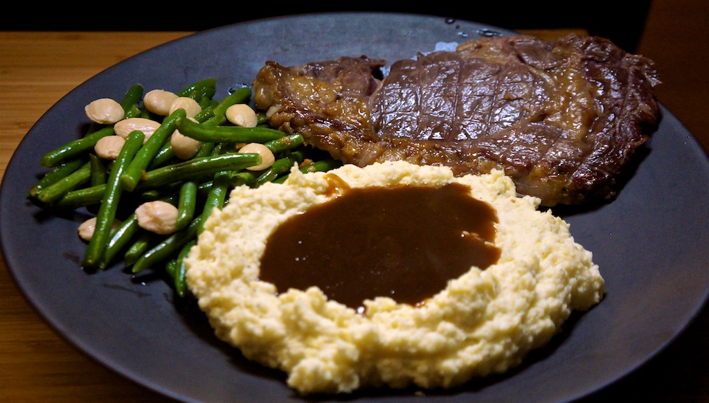 Dec 31: Soup; Prime Rib with Sweet Potato Horseradish Mash and Green Bean Almandine