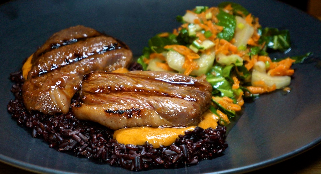 Jan 11: Flatbread “Quesadilla” with Cider Braised Pork Shoulder; Sirloin Steak with Satay Sauce, Black Rice and Bok Choy ‘Vietnamese’ Salad