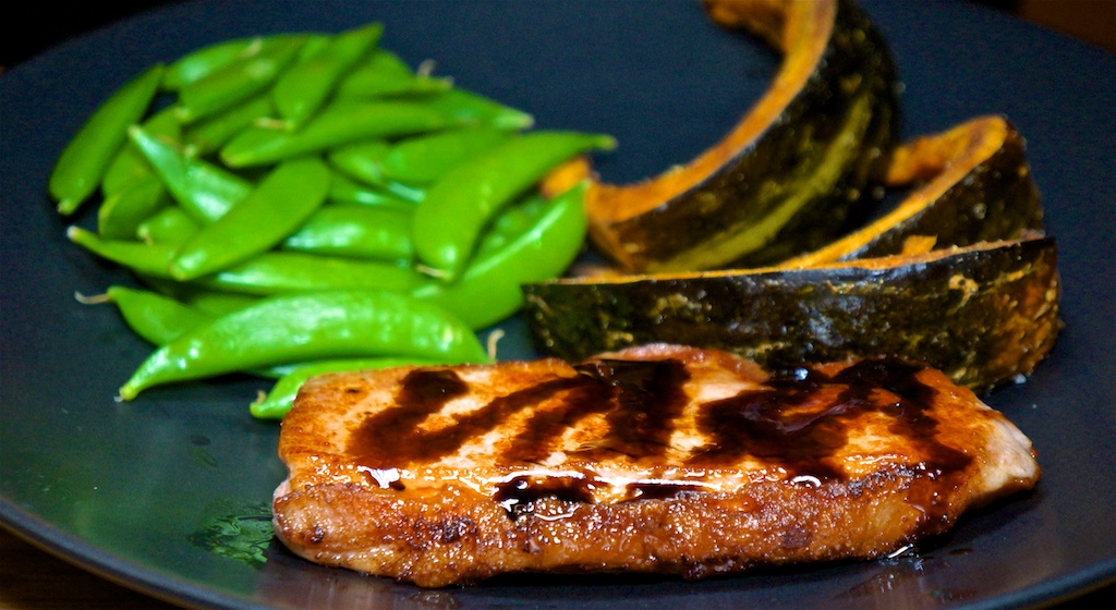 Jan 25: Clam Chowder & Rustic Roll; Pork Chops with Baked Kabocha Squash and Sugar Snap Peas