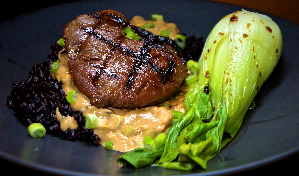 Feb 1: Popeyes Chicken with Asian Salad; Top Sirloin, Satay Sauce, Black Rice and Bok Choy