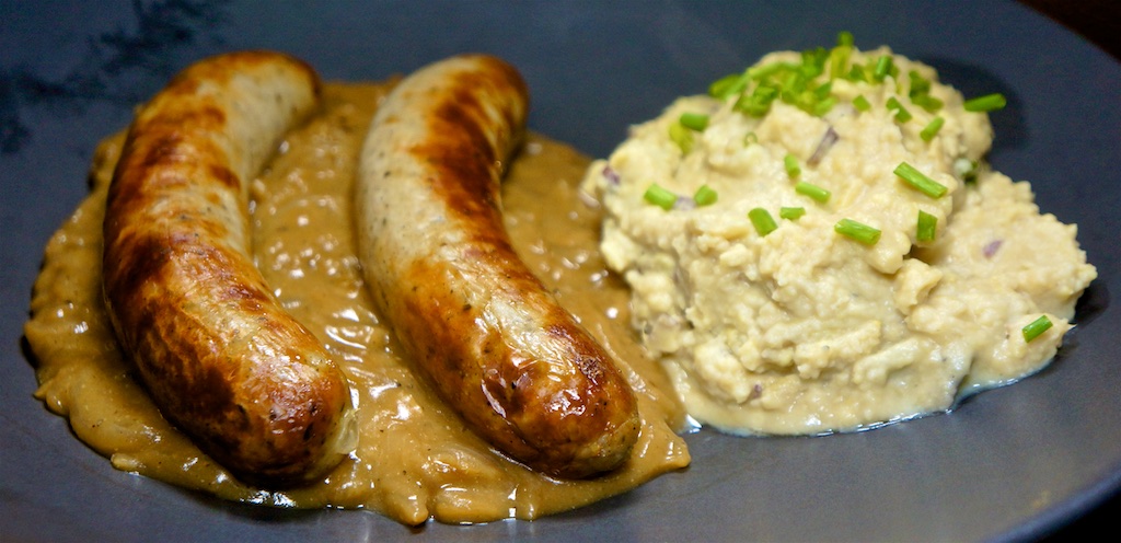 Mar 3: Split Pea Soup; Bratwurst with Onion Gravy and Horseradish Sweet Potato Mash