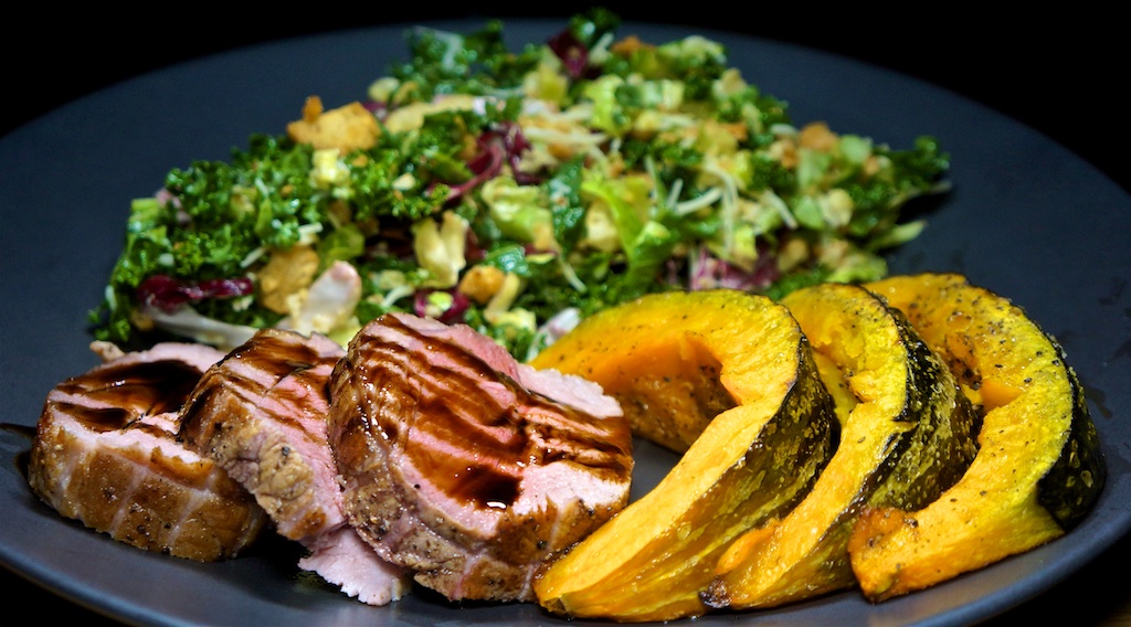 Mar 4: Gyro Meat, Tabouli in a Rustic Roll; Roast Pork Loin, Kabocha Squash and Kale Salad