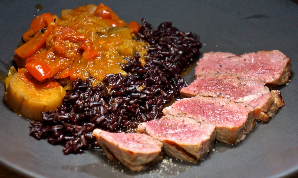 Mar 19: Avocado and Smoked Trout; New York Strip Steak with Japanese Ratatouille and Black Rice