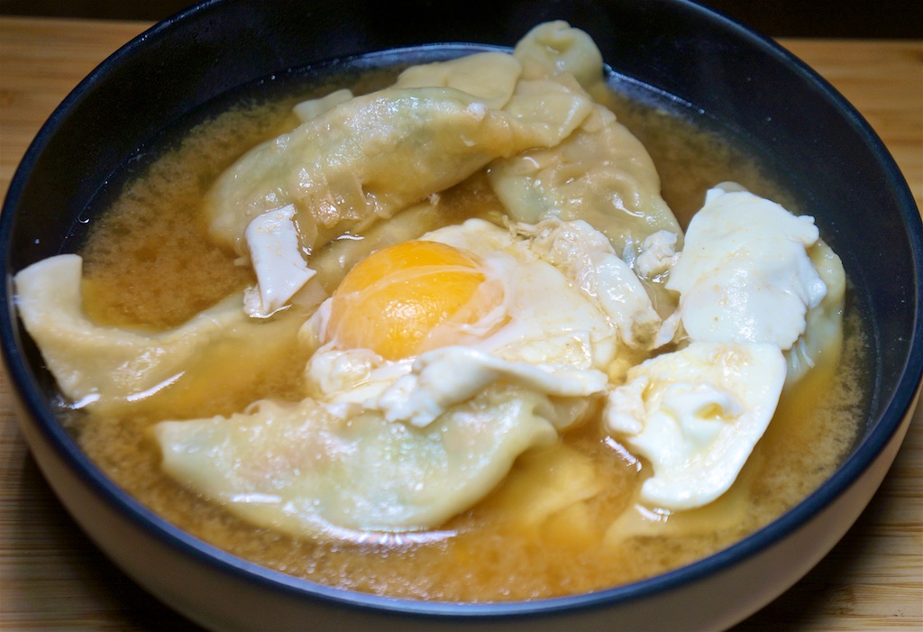 Mar 22: Steak & Tomato, Potato Sandwiches; Ginger Miso Broth with Vegetable Gyoza and Poached Egg