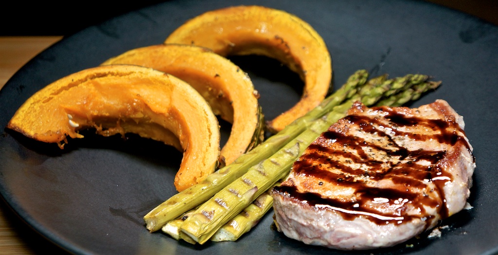 Apr 2: Tomato & Swiss, Ham & Swiss; Pan Seared Pork Chops with Roast Kabocha Squash and Asparagus