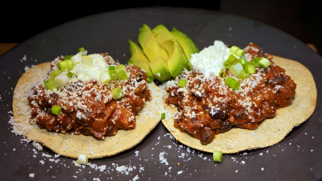 Apr 4: Cheese & Tomato Toasted Sandwich; Bacon and Black Bean Chili Tostadas