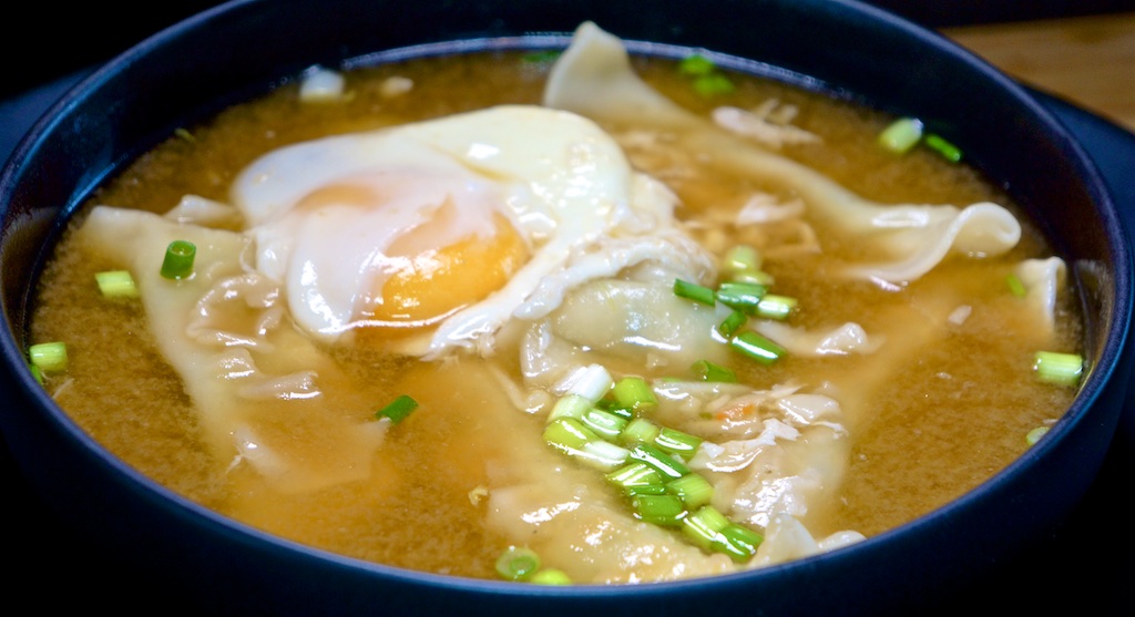 Apr 13: Bahn Mi; Poached Egg with Vegetable Gyoza in Ginger Miso Broth