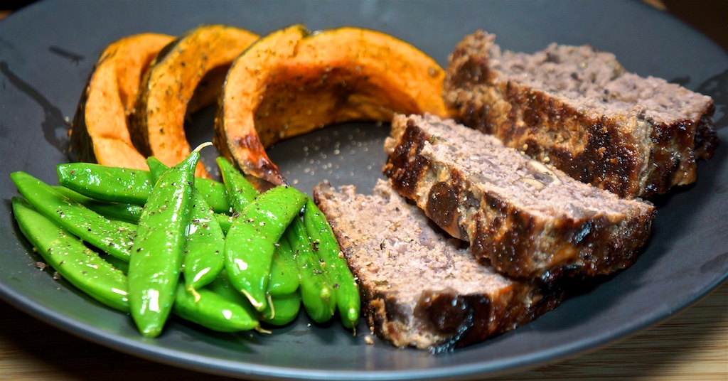 Apr 15: Baked Eggs; Red Wine and Mushroom Meatloaf with Roast Kabocha Squash and Sugar Snap Peas