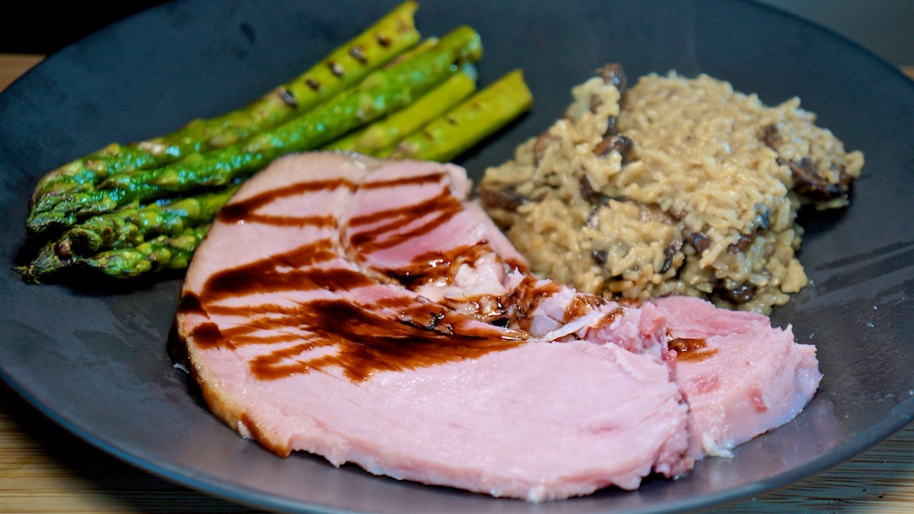 Apr 16: Random; Baked Ham with Mushroom Brown Rice Pilaf and Asparagus