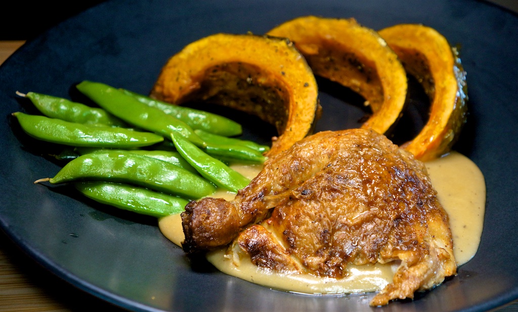 Apr 28: Pseudo Reuben; Roast Chicken Leg, Kabocha Squash and Sugar Snap Peas