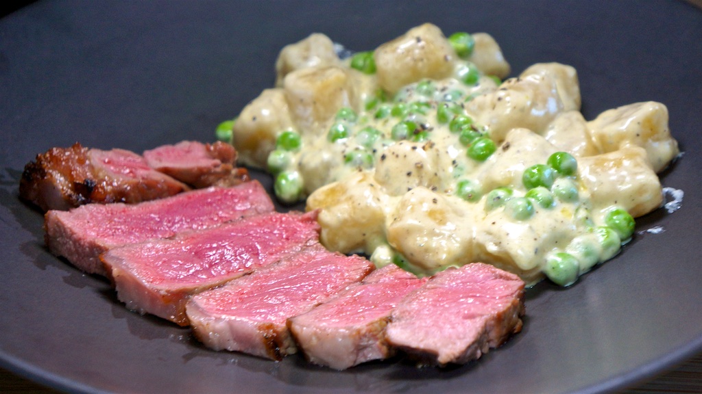 May 20: Scrambled Eggs & Baked Beans on Toast; NY Strip Steak with Cauliflower Gnocchi in a Blue Cheese Sauce