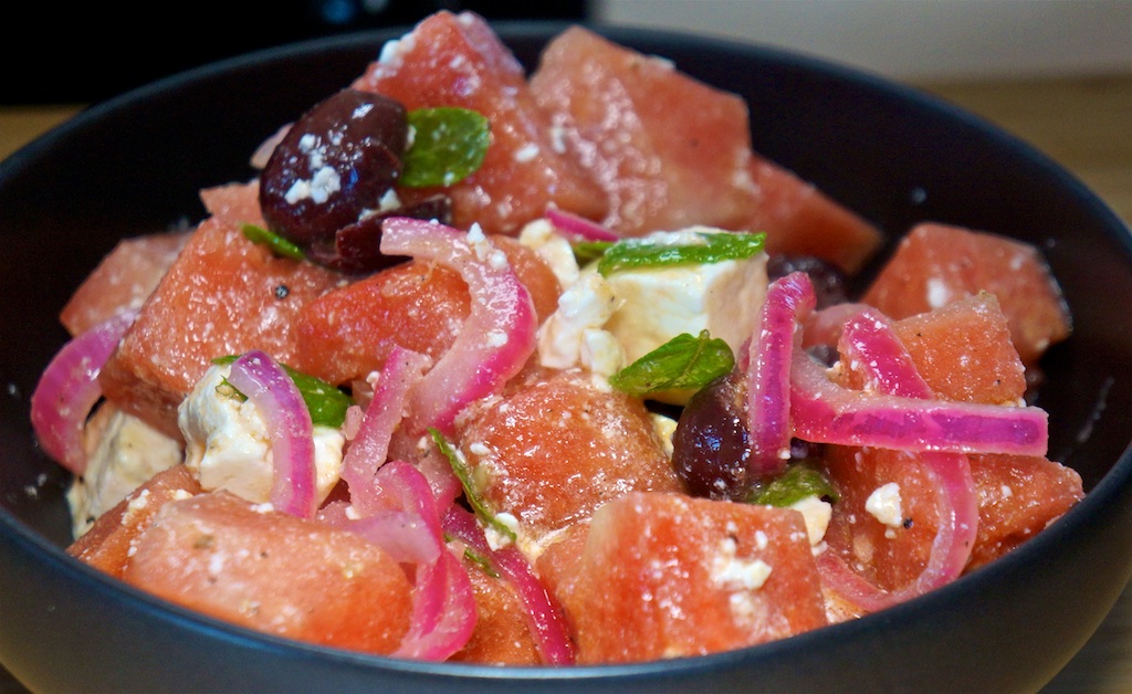 Jul 6: Pastrami, Sauerkraut, Swiss on a Hamburger Bun; Watermelon Salad
