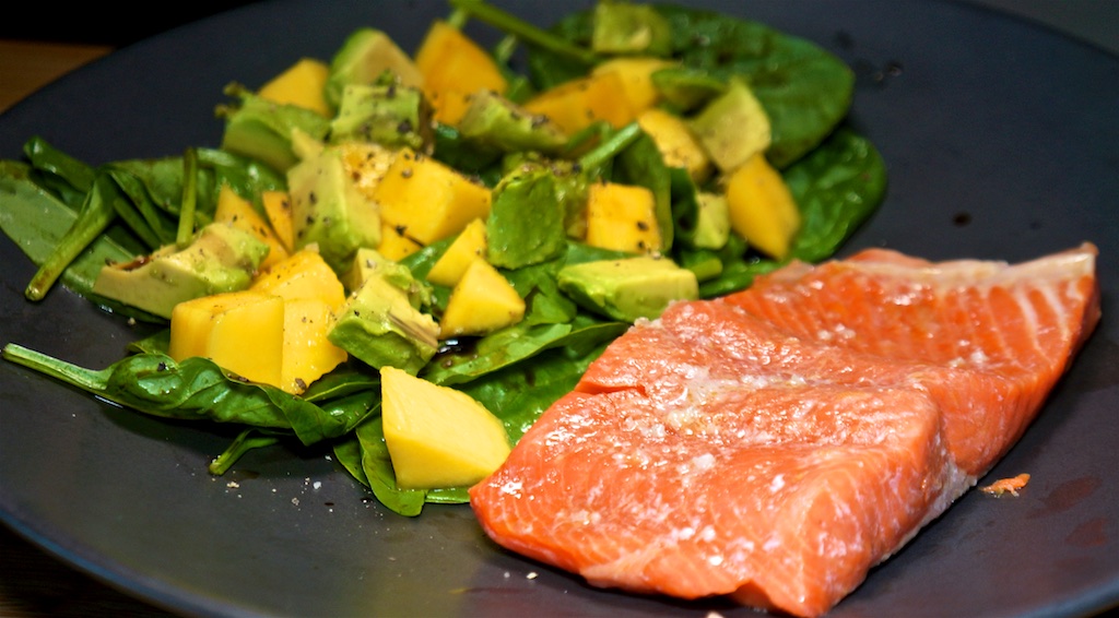 Jul 24: Kumato, Mayo and Swiss; Sous Vide Salmon with Mango, Avocado and Spinach Salad