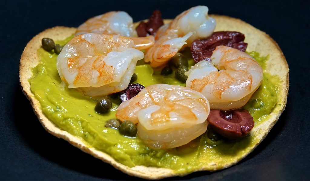 Aug 24: The Country Deli; Shrimp, Guacamole, Capers & Black Olives on Baked Tostadas