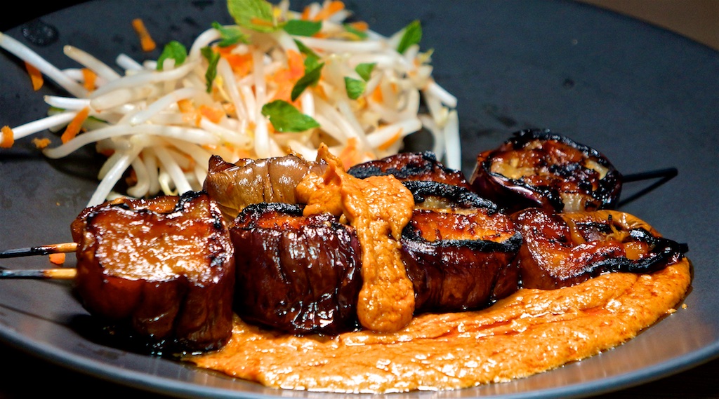 Aug 9: Breakfast; Grilled Japanese Eggplant with Satay Sauce and Bean Sprout Salad