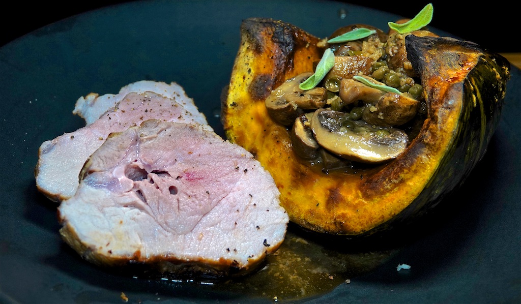 Oct 3: Pinto Bean & Andouille Stew on Toast Topped with an Egg; Pork Sirloin Roast with Kabocha Squash and Garlic Butter Mushrooms